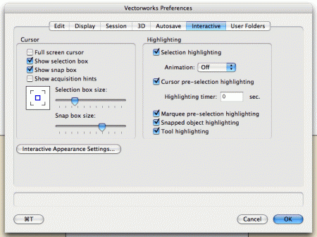 02 - New Snap Box and Selection Box preferences allow you to set size of boxes, color, thickness and transparency of line. 