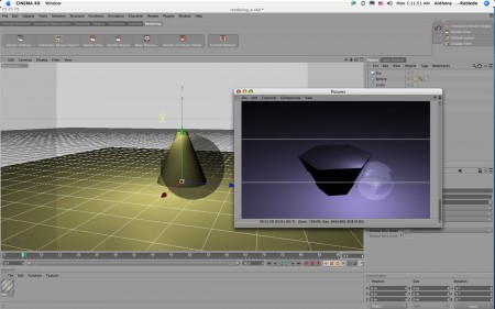 13 - C4D R11 has a specific Animation layout that streamlines the process of creating an animation. In this view an animation has been setup and is in the process of being rendered out.