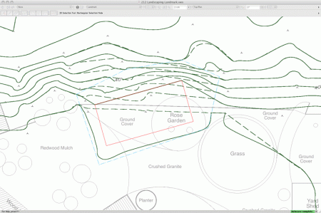 07 - The red rectangle is a "Pad" site modifier and the blue dashed polygon around the rectangle is the "Fence" limiting the extent of the altered contours. Sometimes the altered contours are outside your fence a bit.