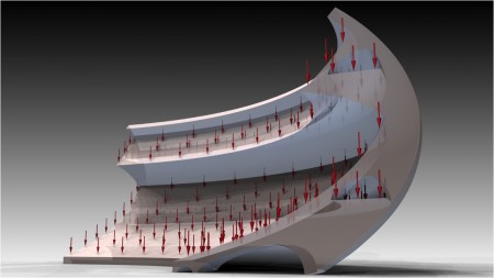 06 - Within architecture morphogenesis technology can allow the designer to mimic what nature would do with this problem by applying real-life loading and environmental pressures. In this example after concrete was chosen as its material, gravitational forces on the stadium structure were applied to inform the algorithm.