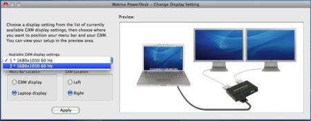 05 - Matrox PowerDesk Change Display Setting. Deciding which side you want your monitors to be relative to the attached laptop is an important issue. Here, you set the orientation so your mouse follows correctly from your laptop's screen to your external monitors. 
