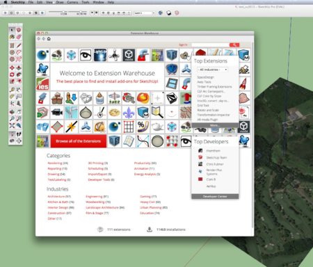 01 - Extension Warehouse, a view from within the new SketchUp 2013. The window provides searching, browsing and previews, including video of various plugin extensions for SU 2013.