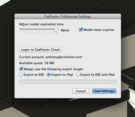 02 - The exporter options include settings for expiration of models and format, as well as the ability to connect to your CadFaster Cloud account. 
