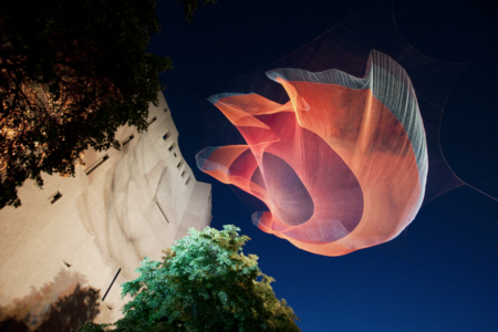 02 - Echelman's work 1.26 was inspired by a NASA scientist's observation that the day was shortened by 1.26 microseconds on the day of the major Chilean earthquake in 2010. The piece traveled to three different continents. Here it is in Amsterdam. (photo by Janet Echelman. All rights reserved). 