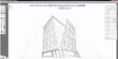 01 - Autodesk SketchBook Pro 7 has been announced, featuring a brand new Perspectives Guides tool set. This image, a screen capture from a YouTube demo video, shows layer grouping as well. 