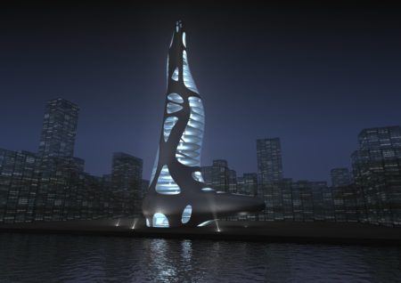 15 - A final images of a skyscraper tower with an innovative facade skin and overall shape form. 