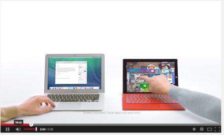 02 - Microsoft's TV ad spots pits the Surface Pro 3 directly against the laptop of its arch enemy. But the company admits its strength is in attracting folks who are attracted to and used to Windows and want a tablet. The marketing strategy is interesting but albeit a bit confusion. (image: YouTube ad hosted, screen shot.)