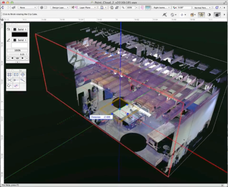 03 - Vectworks 2016 will support Point Cloud support onboard. In this image the company's Clip-Cube feature is sectioning a  point-cloud 3D representation in real-time. 