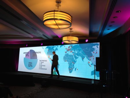 03 - Nemetschek Vectorworks CEO Sean Flaherty during his opening keynote. This image shows the global distribution of Vectorworks. 