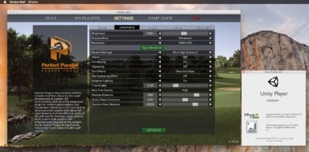 0x - A screen capture of Perfect Golf with the about info box showing its Unity engine and player foundation and technology from Nvidia. 