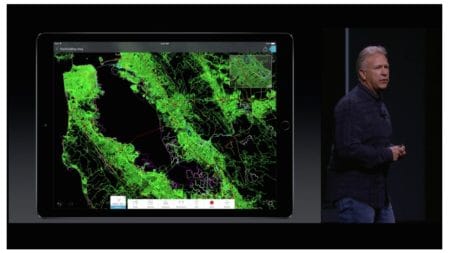 01 - Phil Schiller of Apple boasts of the iPad Pro's powerful A9X processor, shown here running AutoCAD 360. Autodesk told Architosh that the new device is remarkably fast. Image: screen shot from Apple Event screencast.