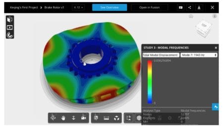 02 - Autodesk Fusion 360 with view of simulation capabilities with the use of heat-map graphics to denote stress in materials. 