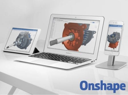 01 - One quickly notices how Onshape emphasizes their web-app model and platform independence by showing Onshape on Apple's products...but not just because of that but because so many of their customers are wanting to work on them.    Image: Onshape. All rights reserved.