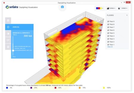 02 - Sefaira's sophisticated energy analysis software also calculates daylight analysis functions, a critical factor in optimizing a building's lighting design scheme and its impact on building energy footprint. 