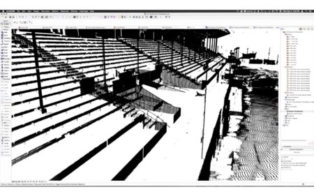 05 - A point-cloud image inside ArchiCAD 19 of the Arizona State Fairgrounds grandstand building. (image: Philip Allsopp, All rights reserved.)