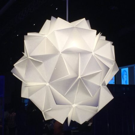 Paper Origami lamp created by attendees at SIGGRAPH 2016 in the Art Gallery section. Image Photo by Akiko Ashley. 