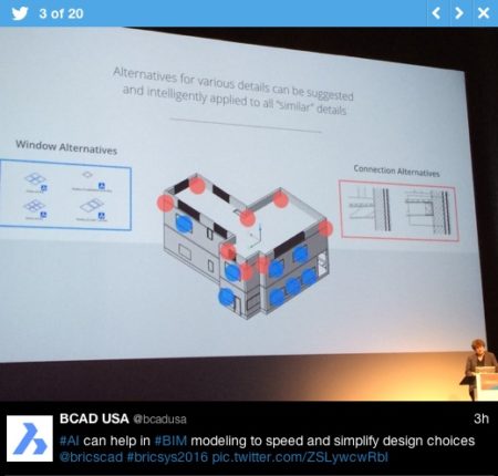 01 - Bricsys is hosting its annual user conference this week in Munich, Germany. This image from its twitter feed shows concepts about advancing its BIM capabilities via use of AI technology. 