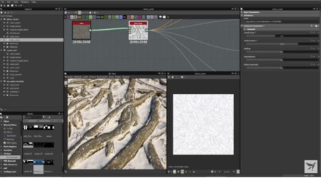 01 - Substance Designer 5.6 offers new exciting new filters for blends of scanned images. The Snow filter shown here in action is just one such new feature. 