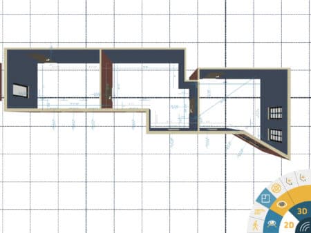 23 - In 3D model the user has optional sub-modes for viewing their surveyed buildings in 3D, including flyby and walkthrough modes. 