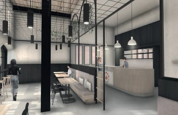Vectorworks design scholarship winner entitled "Nomad Coworking”. A coworking space and coffee shop in a listed building.