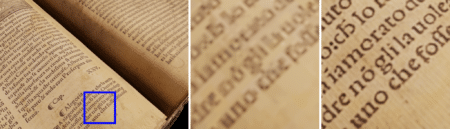Three-pane image showing a page of text, a zoomed-in version with blurred text, and an equally zoomed-in version with clear text, in papers to be presented at SIGGRAPH 2023. (Image: NVIDIA.)
