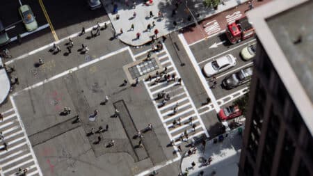 Street scene, aerial view- another screen grab from demo reel. Image: AXYZ. 