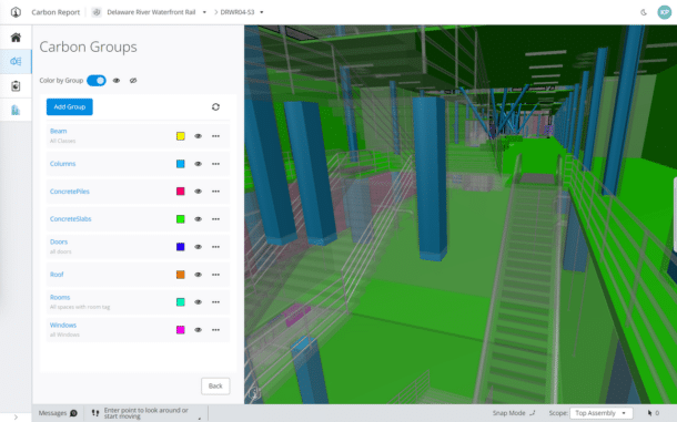 Design elements in logical groups for embodied carbon impact calculation. Image: Bentley Systems.