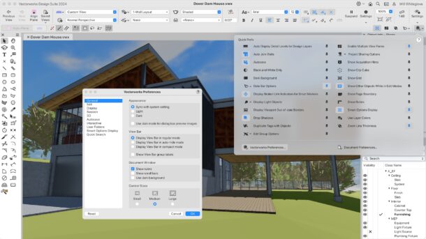 Vectorworks 2024's new UI/UX improvements combine a streamlined and logical reorganization with a new Ribbon-like UI element at the top of the screen. Additionally, users have even more customization options and can create a highly minimal UI if they want to (see lower screen).